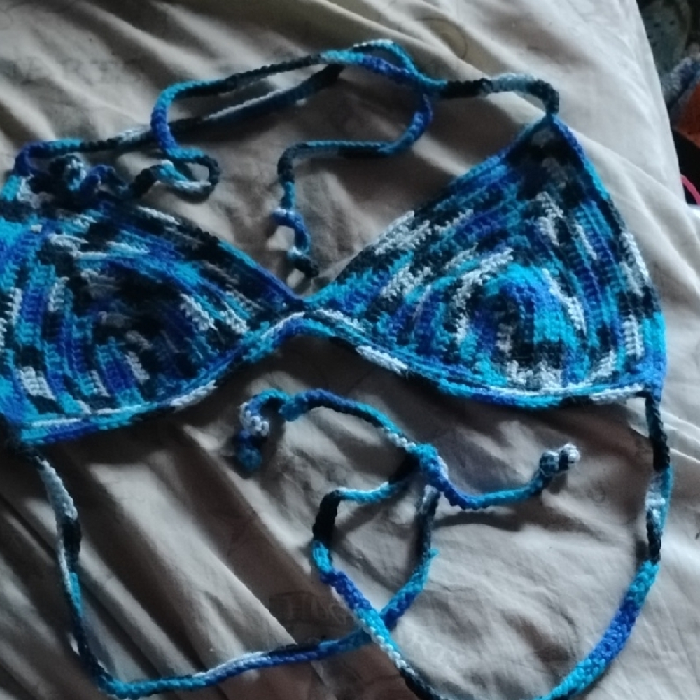 Vibrant Blue and Gray Crochet Bikini Top